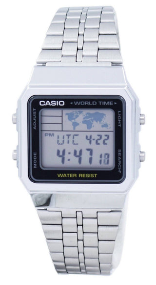 Front view of Casio World Time Silver & Black A500WA-1DF Mens Watch on white background