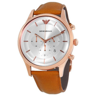 Front view of Emporio Armani Chronograph AR11043 Silver Dial Brown Leather Mens Watch on white background