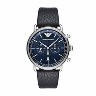 Front view of Emporio Armani Aviator AR11105 Blue Leather Mens Watch on white background