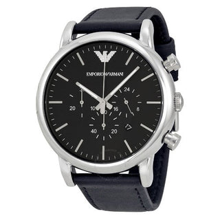 Front view of Emporio Armani Luigi Chronograph AR1828 Black Leather Mens Watch on white background