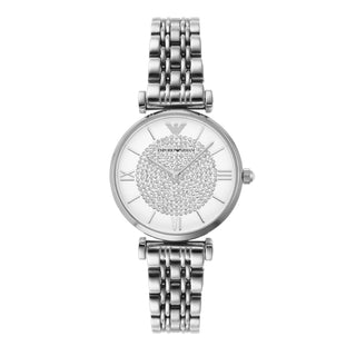 Front view of Emporio Armani Gianni T Bar AR1925 White Dial Silver Stainless Steel Womens Watch on white background