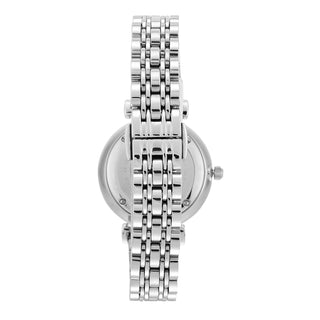 Angle shot of Emporio Armani Gianni T Bar AR1925 White Dial Silver Stainless Steel Womens Watch on white background