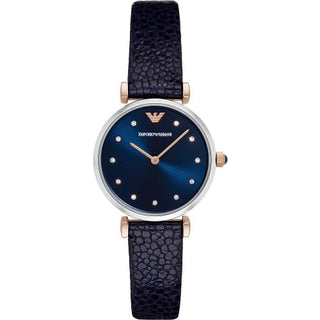 Front view of Emporio Armani Gianni T Bar Analog AR1989 Blue Leather Womens Watch on white background