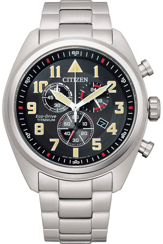 Front view of Citizen Eco-Drive Chronograph AT2480-81E Black Dial Grey Stainless Steel Mens Watch on white background