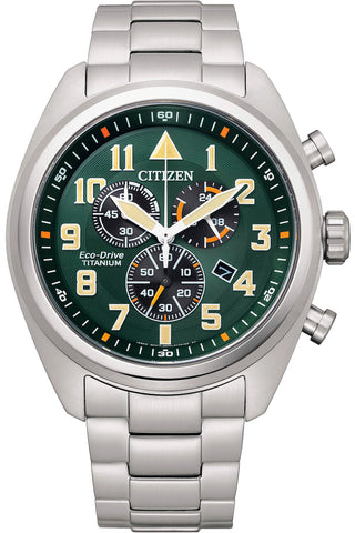 Front view of Citizen Eco-Drive Chronograph AT2480-81X Green Dial Grey Stainless Steel Mens Watch on white background