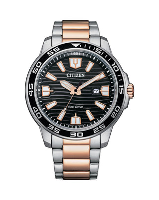 Front view of Citizen Eco-Drive AW1524-84E Black Dial Rose Gold Stainless Steel Mens Watch on white background