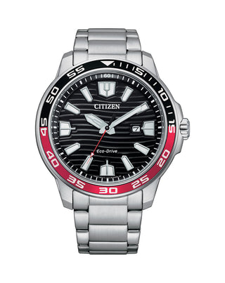 Front view of Citizen Eco-Drive AW1527-86E Black Dial Grey Stainless Steel Mens Watch on white background