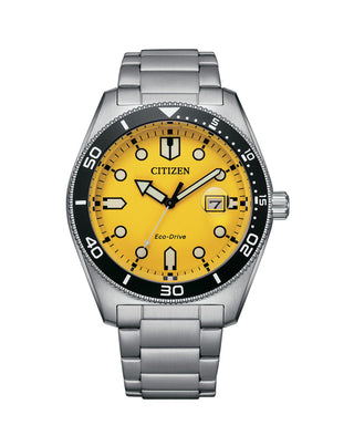 Front view of Citizen Of Collection Marine Eco Drive Yellow AW1760-81Z Yellow Dial Silver Stainless Steel Unisex Watch on white background