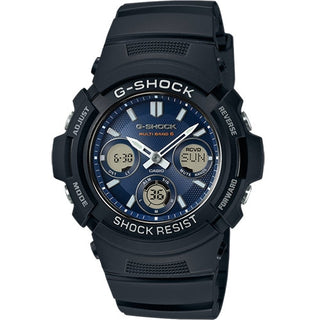 Front view of Casio G-Shock AWG-M100SB-2AER Blue Dial Black Resin Mens Watch on white background