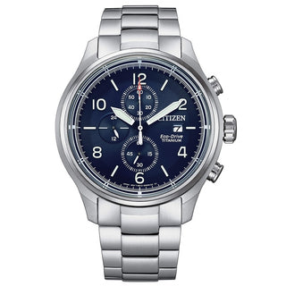 Front view of Citizen Eco-Drive Chronograph CA0810-88L Blue Dial Grey Stainless Steel Mens Watch on white background