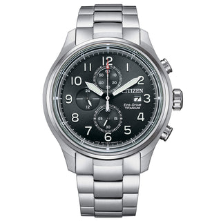 Front view of Citizen Eco-Drive Chronograph CA0810-88X Black Dial Grey Stainless Steel Mens Watch on white background