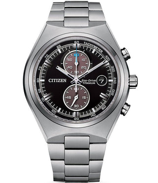 Front view of Citizen Super Titanio Eco Drive Chronograph CA7090-87E Mens Watch on white background