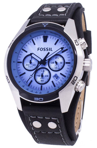 Front view of Fossil Coachman Chronograph CH2564 Black Leather Womens Watch on white background