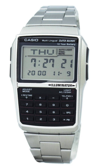 Front view of Casio Databank Calculator Steel DBC-32D-1ADF Steel Stainless Steel Mens Watch on white background