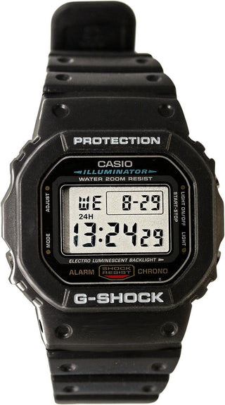 Front view of Casio G-Shock DW-5600E-1V Black Resin Mens Watch on white background