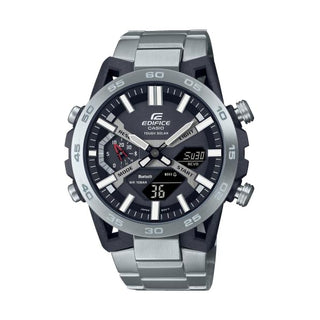 Front view of Casio Edifice ECB-2000D-1AEF Black Dial Grey Stainless Steel Mens Watch on white background