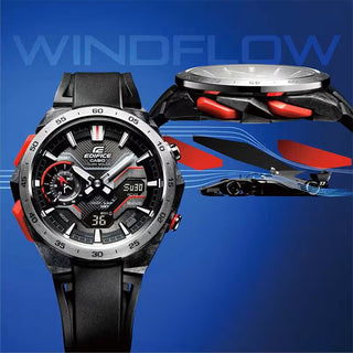 Angle shot of Casio Windflow F1 Chronograph Tough Solar ECB-2200P-1AEF Mens Watch on white background