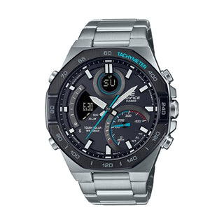 Front view of Casio Edifice ECB-950DB-1AEF Black Dial Grey Stainless Steel Mens Watch on white background