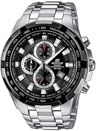 Front view of Casio Edifice Chronograph EF-539D-1AVEF Black Dial Grey Stainless Steel Mens Watch on white background