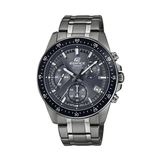 Front view of Casio Edifice Chronograph EFV-540DC-1CVUEF Black Dial Grey Stainless Steel Mens Watch on white background