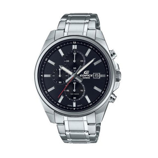 Front view of Casio Edifice Chronograph EFV-610D-1AVUEF Black Dial Grey Stainless Steel Mens Watch on white background