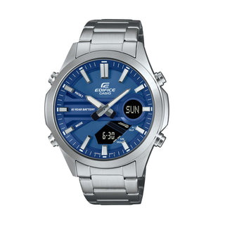 Front view of Casio Edifice EFV-C120D-2AEF Blue Dial Grey Stainless Steel Mens Watch on white background