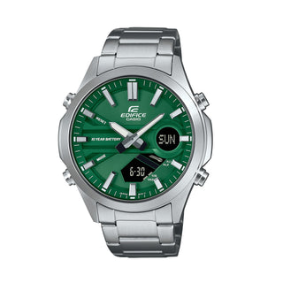 Front view of Casio Edifice EFV-C120D-3AEF Green Dial Grey Stainless Steel Mens Watch on white background