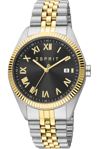 Front view of Esprit Hugh ES1G365M0075 Black Dial Gold Stainless Steel Mens Watch on white background