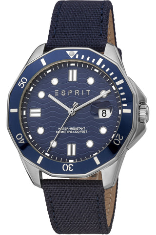 Front view of Esprit Kale ES1G367L0025 Blue Nylon Mens Watch on white background