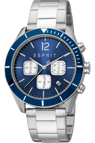 Front view of Esprit Rob Chronograph ES1G372M0055 Blue Dial Grey Stainless Steel Mens Watch on white background