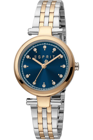 Front view of Esprit Laila dot ES1L281M1125 Blue Dial Rose Gold Stainless Steel Womens Watch on white background