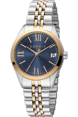 Front view of Esprit Gina ES1L321M0105 Blue Dial Rose Gold Stainless Steel Womens Watch on white background