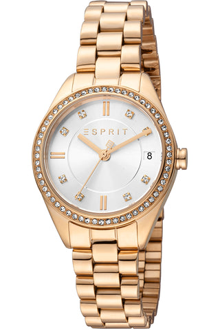 Front view of Esprit Alia ES1L341M0095 Grey Dial Rose Gold Stainless Steel Womens Watch on white background