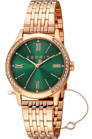 Front view of Esprit Anny ES1L345M0085 Green Dial Rose Gold Stainless Steel Womens Watch on white background