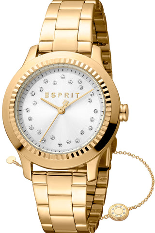 Front view of Esprit Joyce ES1L351M0085 Grey Dial Gold Stainless Steel Womens Watch on white background