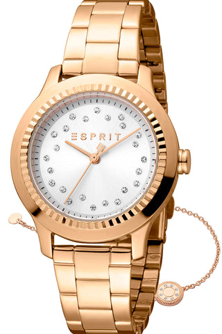 Front view of Esprit Joyce ES1L351M0105 Grey Dial Rose Gold Stainless Steel Womens Watch on white background