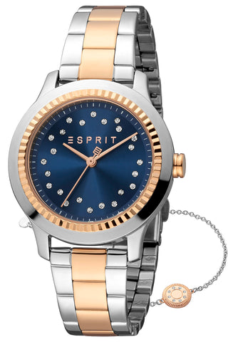 Front view of Esprit Joyce ES1L351M0145 Blue Dial Rose Gold Stainless Steel Womens Watch on white background