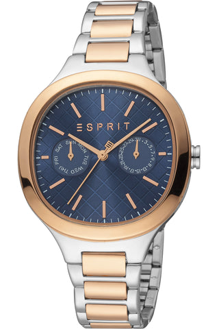 Front view of Esprit Momo ES1L352M0095 Blue Dial Rose Gold Stainless Steel Womens Watch on white background