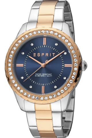 Front view of Esprit Skyler XL ES1L353M0105 Blue Dial Rose Gold Stainless Steel Womens Watch on white background