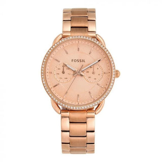 Front view of Fossil Tailor ES4264 Rose Gold Dial Stainless Steel Womens Watch on white background