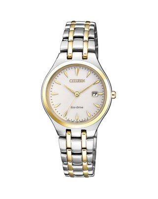 Front view of Citizen EW2484-82B White Dial Gold Stainless Steel Womens Watch on white background