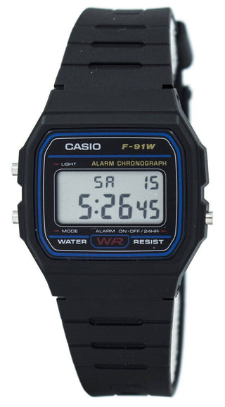 Front view of Casio F-91W-1SDG Mens Watch on white background