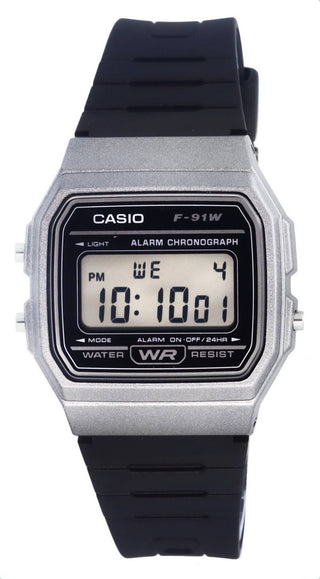 Front view of Casio Retro Vintage F-91WM-1B Black Resin Unisex Watch on white background