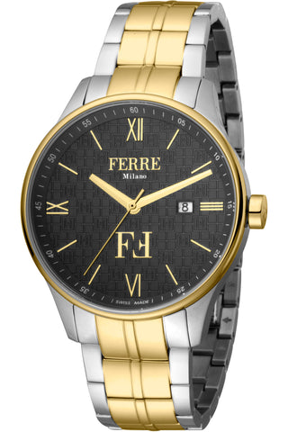 Front view of Ferre Milano FM1G112M0281 Black Dial Gold Stainless Steel Mens Watch on white background