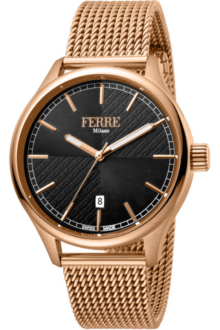 Front view of Ferre Milano FM1G143M0071 Black Dial Rose Gold Stainless Steel Mens Watch on white background