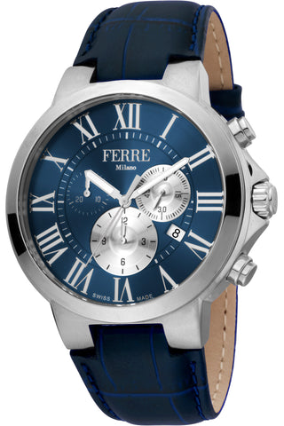 Front view of Ferre Milano Chronograph FM1G177L0021 Blue Leather Mens Watch on white background