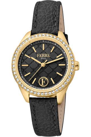 Front view of Ferre Milano FM1L116L0221 Black Leather Womens Watch on white background