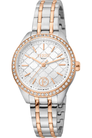 Front view of Ferre Milano FM1L116M0291 Grey Dial Rose Gold Stainless Steel Womens Watch on white background