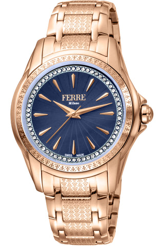 Front view of Ferre Milano FM1L119M0071 Blue Dial Rose Gold Stainless Steel Womens Watch on white background