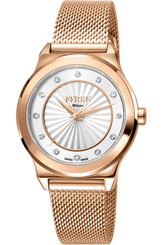 Front view of Ferre Milano FM1L125M0261 Grey Dial Rose Gold Stainless Steel Womens Watch on white background